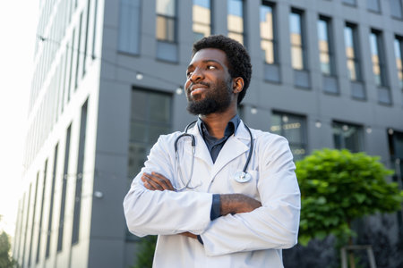 Man doctor standing at hospital wearing white medical gown and stethoscopeの写真素材
