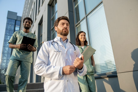 Doctors in lab coats near the hospital looking determined and looking confidentの写真素材