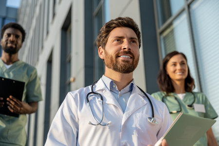 Doctors in lab coats near the hospital looking determined and looking confidentの写真素材