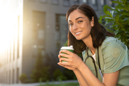 Young female doctor having coffee in the morning after a night shiftの写真素材