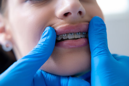 Unrecognizable dentist wearing protective gloves examining patientâ€™s teeth and braces