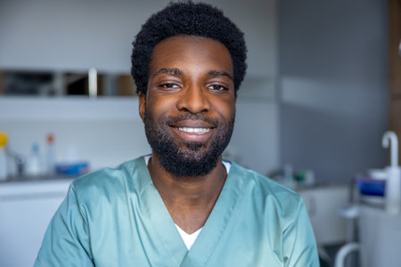 Dentist preparing for oral examination in clinic settingの写真素材