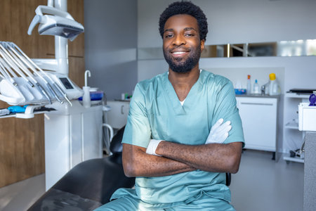 Dentist preparing for oral examination in clinic settingの写真素材