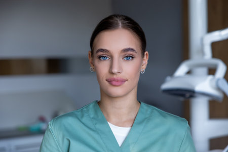 Woman dentist preparing for oral examination in clinic settingの写真素材