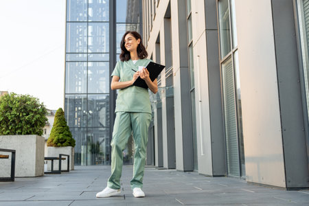 Dark-haired young female doctor near the clinic with a prescription list in hands