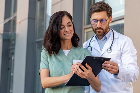 Two doctors discussing something and looking involvedの写真素材