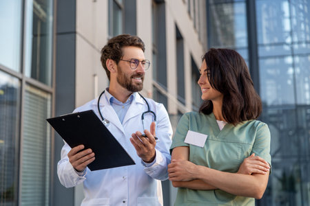 Two doctors discussing something and looking involved