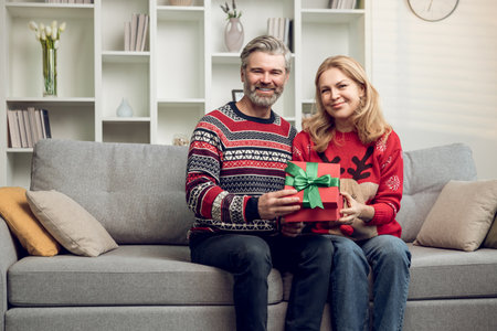 Happy couple exchanging presents for christmas and feeling enjoyedの写真素材