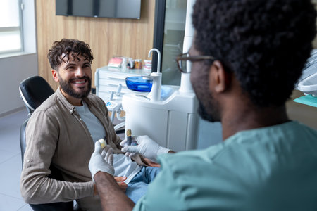Male stomatologist showing implant to patient during dental visit in dental clinicの写真素材