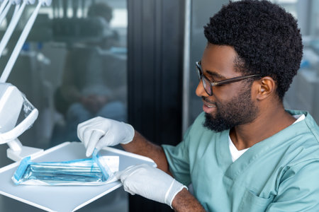 Man dentist in medical office during dental examination using professional toolsの写真素材