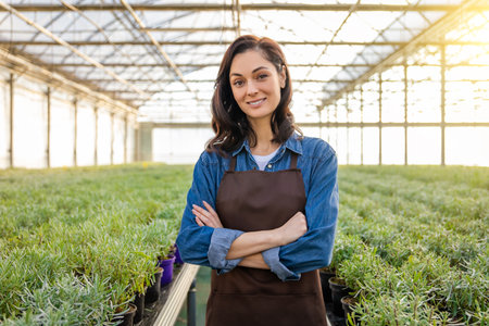 Dark-haired young woman in apron in a greenhouseの写真素材