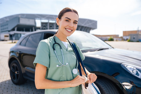 Smiling pretty young nurse with a bag on her way to the patientの写真素材