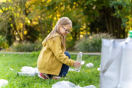 Caucasian female child sorting waste into bags in park promoting recyclingの写真素材