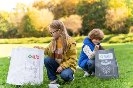 Caucasian kids boy and girl volunteering outdoors cleaning pollution and recycling garbage