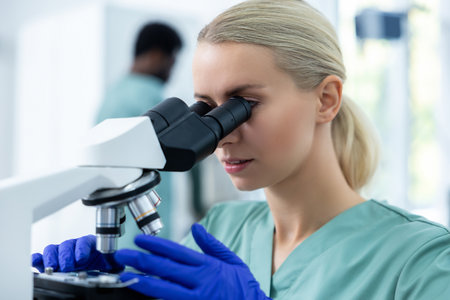Female doctor in clinic using modern microscope and equipment for concentrated studyの写真素材