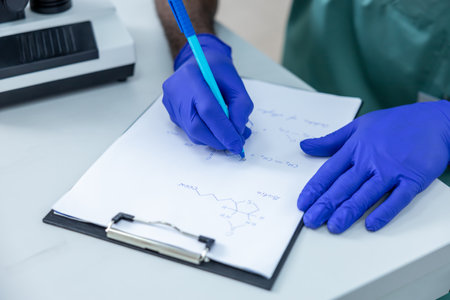 Male scientist in gloves makes notes in histopathology laboratory