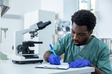 Man doctor in clinic writing notes and analyzing tissue samples for experiment in laboratoryの写真素材