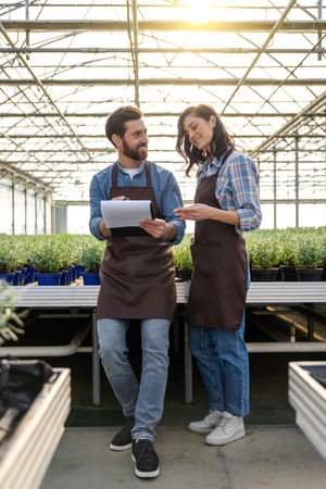 Man and woman working in greenhouse and discussing somethingの写真素材