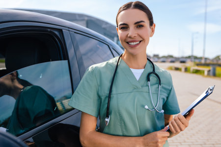 Female doctor standing near the car with a prescription list in handsの写真素材