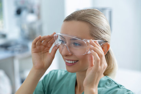 Medical woman wearing protective glasses in laboratory