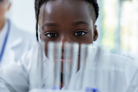 Medical woman in laboratory using pipette conducting experiment on samples analyzing test tubesの写真素材