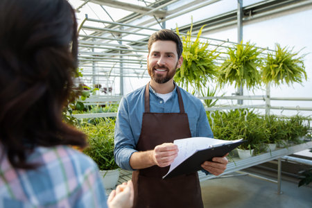 Two professionals talking in the greenhouse discussing plant cultivationの写真素材