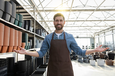 Bearded man in retail store surrounded with plastic pots for plants on shelves in shopの写真素材
