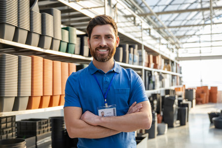 Bearded man worker selling pots for plants in warehouse or retail store