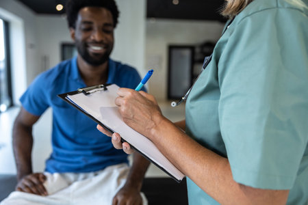 African american young man having an appointment with a doctor in rehabilitation centerの写真素材