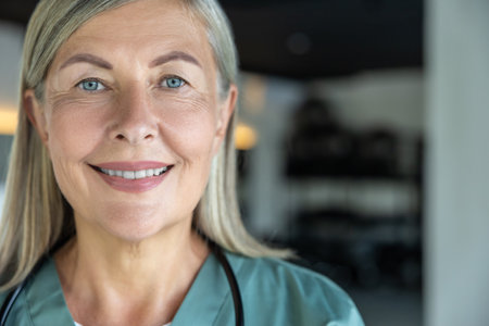 Smiling mature blue-eyed female doctor looking confident and contented