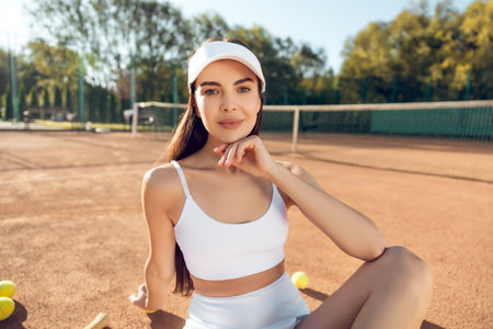 Fit stylish woman sitting on tennis court resting during summer gameの写真素材