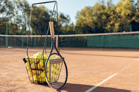 Tennis balls and racket on outdoor courtの写真素材