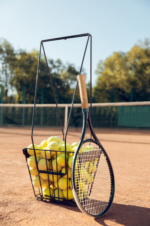 Tennis balls and racket on outdoor courtの写真素材