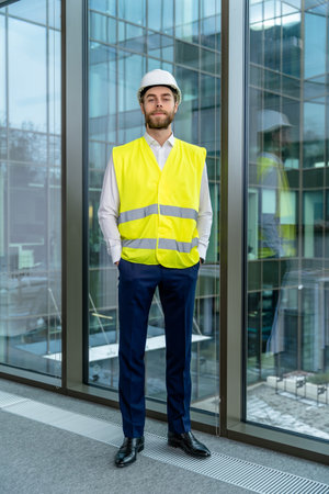 Young male engineer in a yellow vest and protective cap looking determined