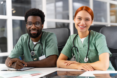 Professionals surgeon and colleague collaborating on treatment plans in hospital officeの写真素材