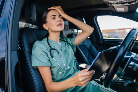 Young female doctor sitting in the car and suffering from a headacheの写真素材