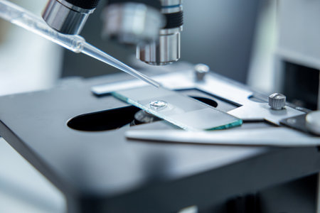 Close up of a microscope with a test glass under the lensの写真素材