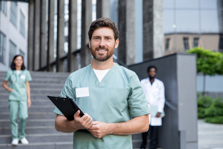 Young caucasian bearded doctor with a patient case in hands