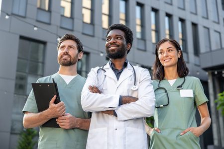 Group of young doctors in a clinic yard discussing patient case and looking interestedの写真素材