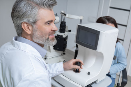Doctor conducting vision test in optical workplace with professional devicesの写真素材