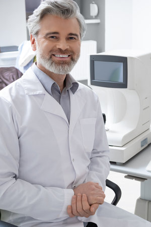 Male specialist at his workplace in hospital near modern optical instruments