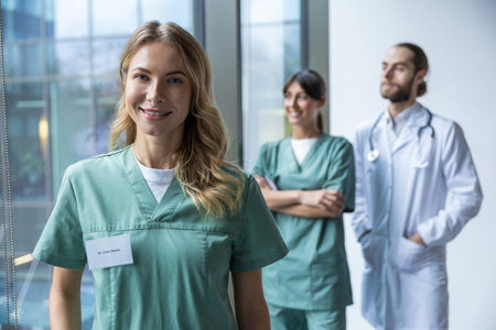 Woman doctor in medical uniform posing in clinic office hall with medical workers on backgroundの写真素材