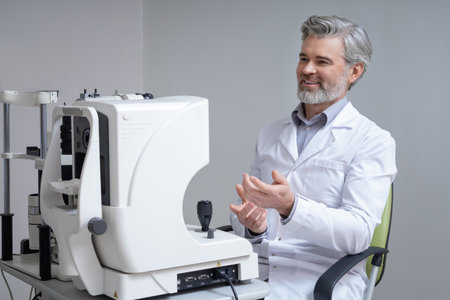 Male ophthalmologist working on a medical equipment and looking involvedの写真素材