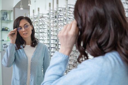 Female customer choosing new glasses in optic shop