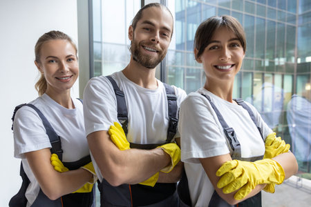 Cleaning team after work in the office looking contented and confidentの写真素材