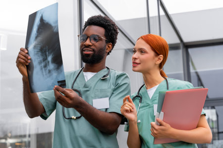 Diverse colleagues looking x ray pictures of bones rib cage or lungs in hospitalの写真素材