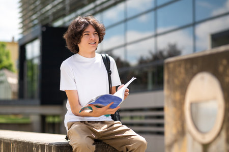 Confident young teenager joyful student happily holding his university book standing on campusの写真素材