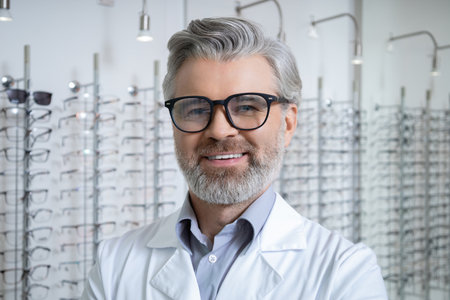 Mature caucasian man in lab coat and glasses looking determinedの写真素材