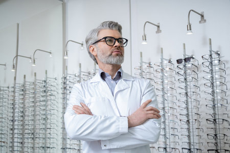 Mature caucasian man in lab coat and glasses looking determinedの写真素材