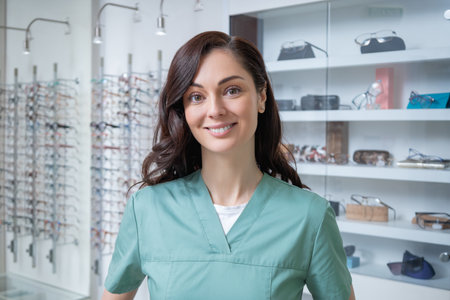 Pretty young optic shop assistant smiling nicely and looking contentedの写真素材